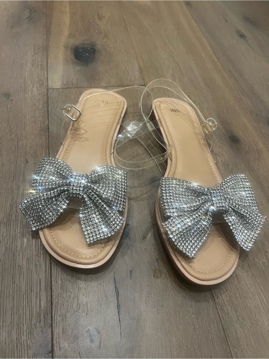 Zara Shoes - Zara Silver Crystal Bow Slide Sandals